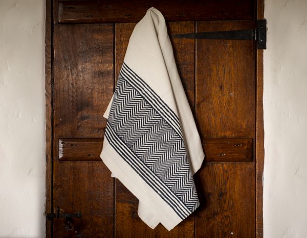 Hand-Printed Vintage Bath Towel – Chevron Black