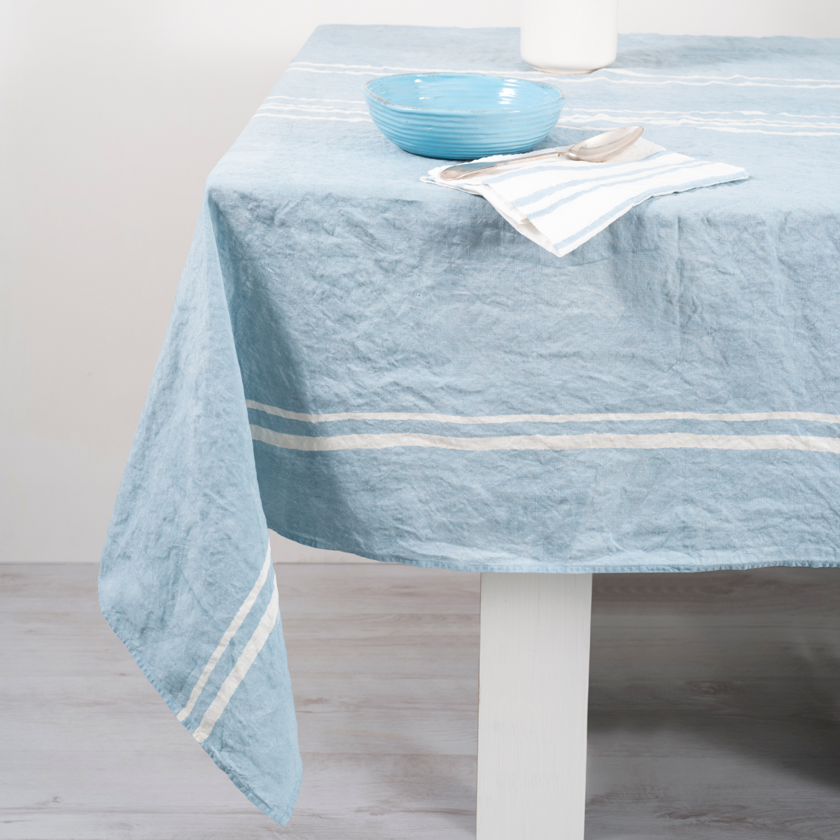 blue striped linen tablecloth