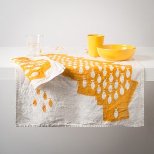 mustard linen table runner sardines