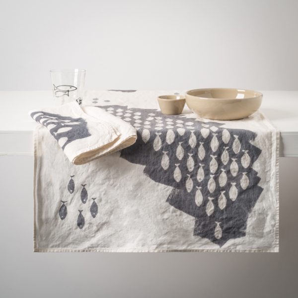grey linen table runner sardines