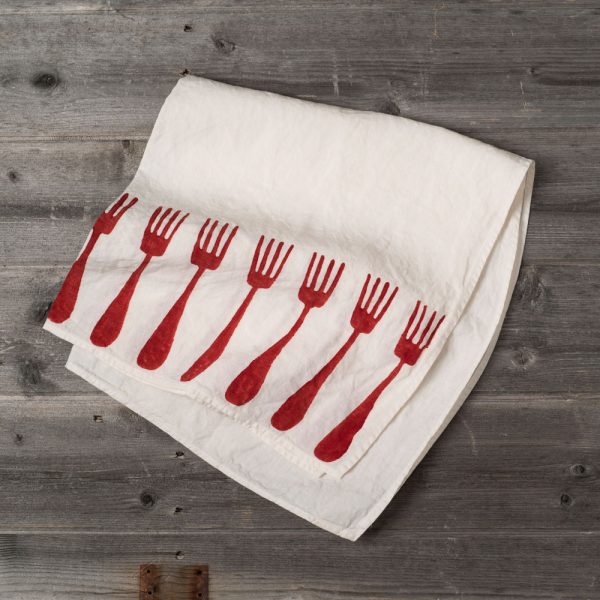 linen tea towel fork red