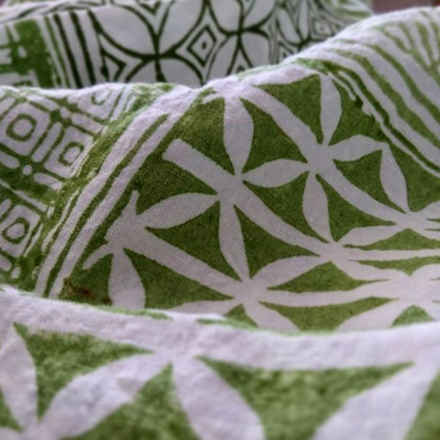 block printed green linen tea towel Bertozzi