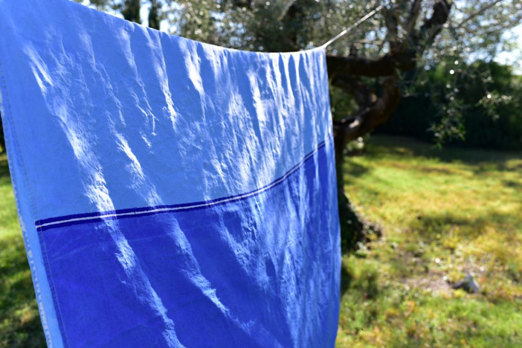 Bertozzi hand painted linen tablecloth blue
