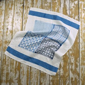 Hand printed blue linen tea towel Bertozzi