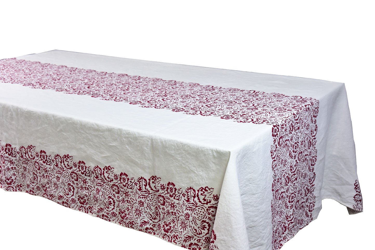 Hand-Printed Linen Tablecloth Fleure Sauvage Burgundy | AllORA