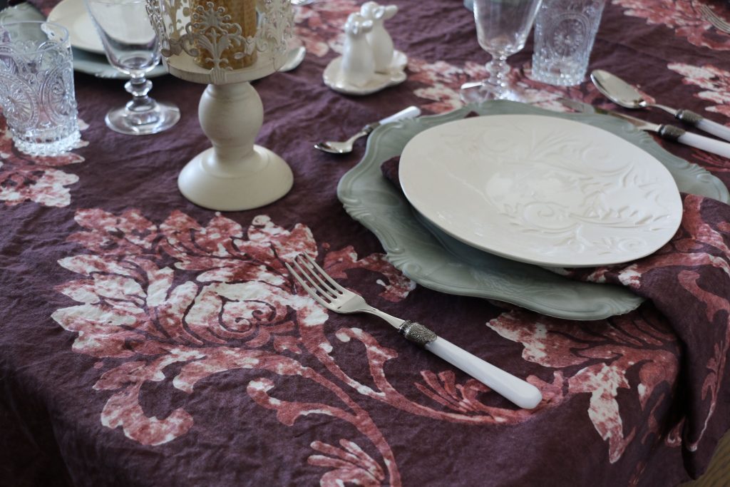 Bertozzi handprinted plum tablecloth