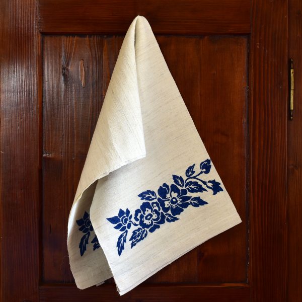 Vintage Hemp Linen Towel Dog Rose Blue