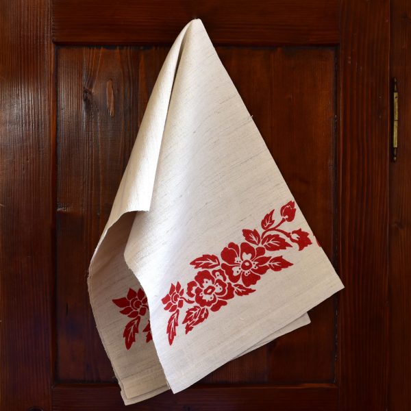 Vintage Hemp Linen Towel Dog Rose Red