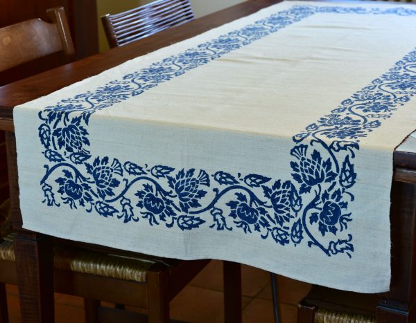 vintage hemp linen table runner in thistle blue