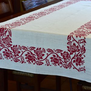 Vintage Hemp Linen Table Runner Giant Thistle Red