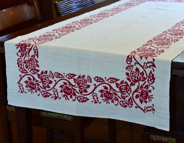 Vintage Hemp Linen Table Runner Giant Thistle Red