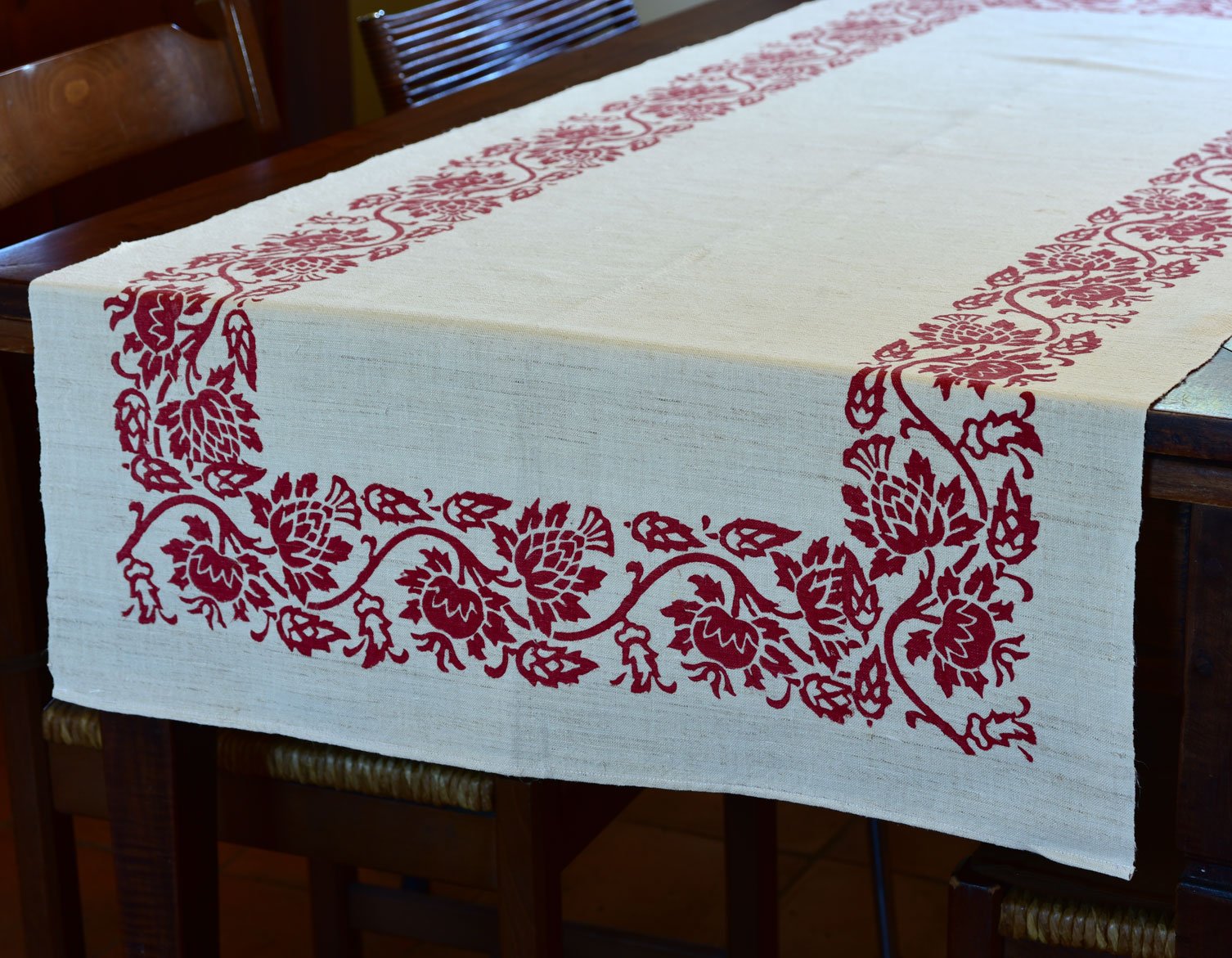 Red Block Print Table Runner | Genda Phool