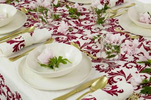 Italian linen tablecloth red - bespoke linen tablecloth - luxury table setting of white ceramic