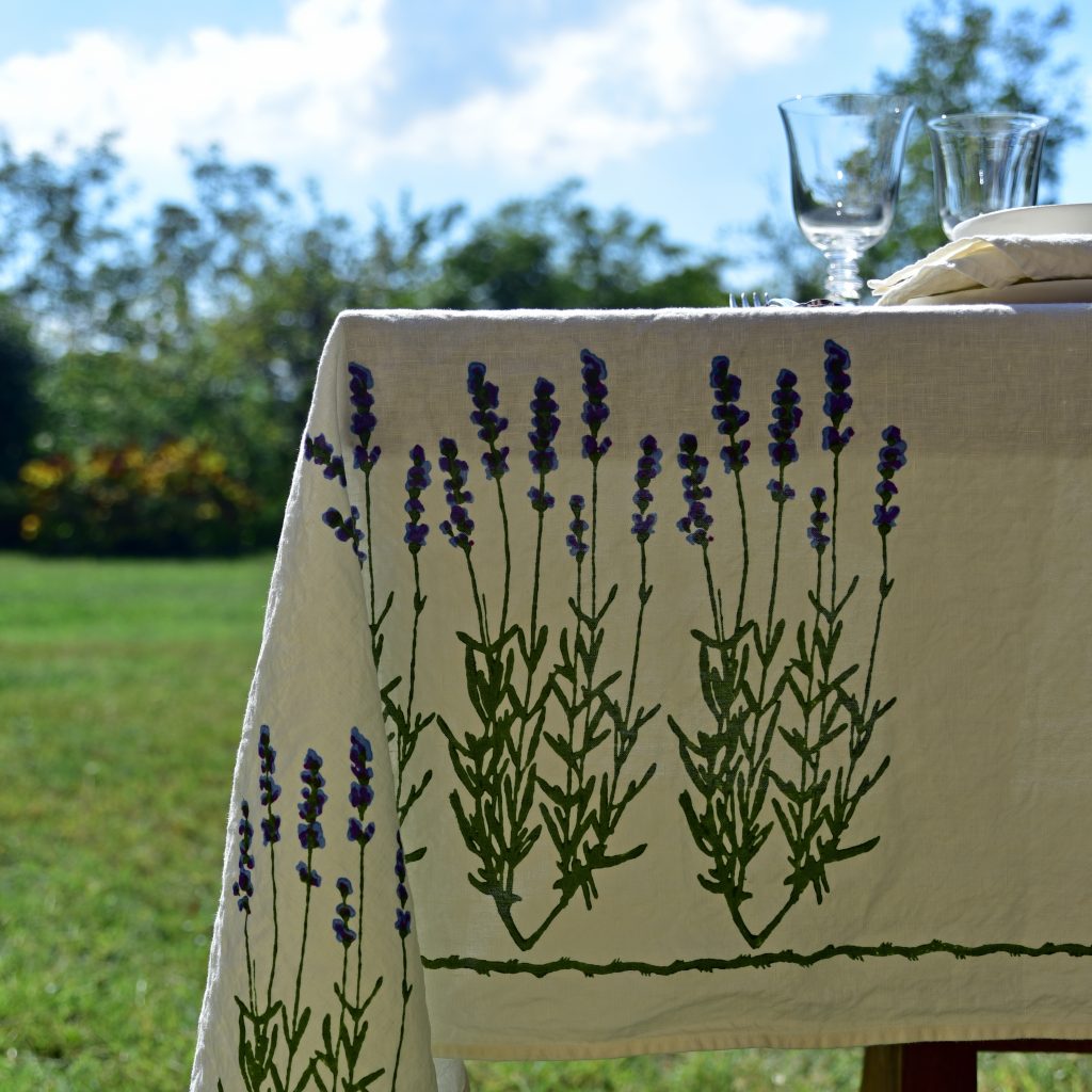 Hand-Printed Linen Tablecloth - Lavender Flowers