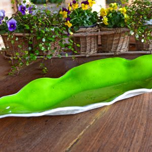 Fused Murano Glass Centrepiece - Leaf in Bright Green - placed on wooden table