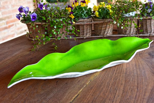 Fused Murano Glass Centrepiece - Leaf in Bright Green - placed on wooden table