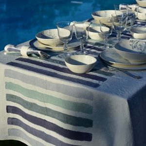 Hand painted blue linen tablecloth