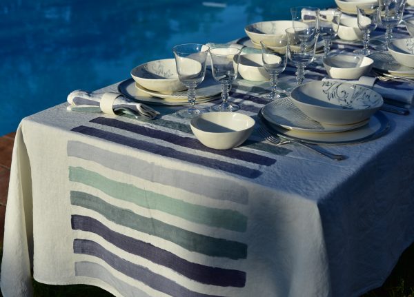Hand painted blue linen tablecloth