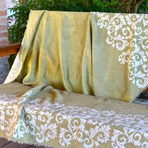 Linen Throw - Hand-painted and Hand-printed - Acanthus Leaves/Lime Green - Draped over bench