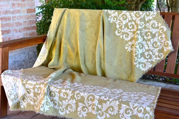 Linen Throw - Hand-painted and Hand-printed - Acanthus Leaves/Lime Green - Draped over bench