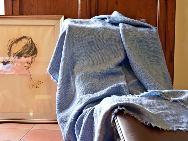 Waffle Throw - Hand-painted Linen Throw - Navy Blue - Throw draped over indoor chair