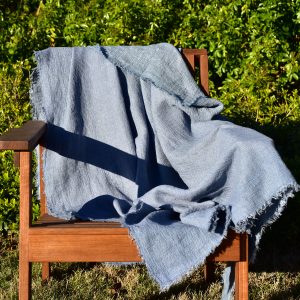 Waffle Throw - Hand-painted Linen Throw - Navy Blue - Throw draped over outdoor chair