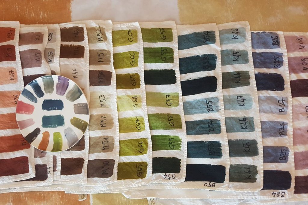 Linen tablecloth colour chart, pieces of linen show different hand-painted strokes of colour indicating colour samples
