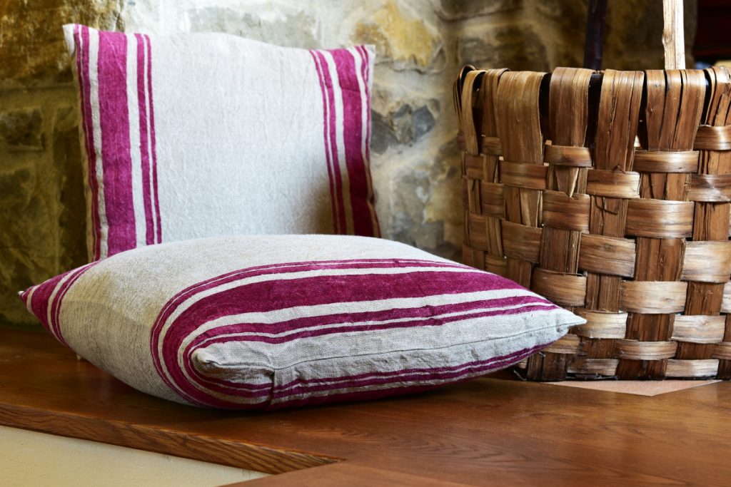 Hemp Cushion Cover - Hemp Linen Cushion Cover - 'Roma' - Image displays cushion next to wicker basket on table