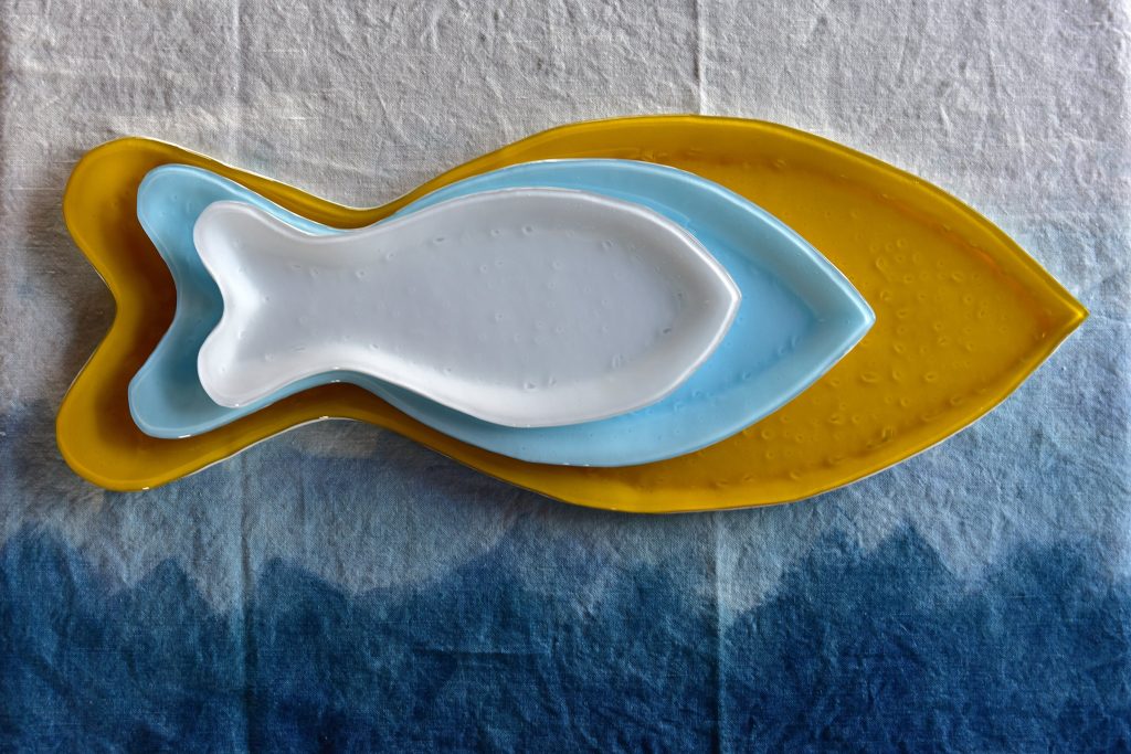 Murano Glass Mediterraneo Fish Tableware - white blue and yellow dishes