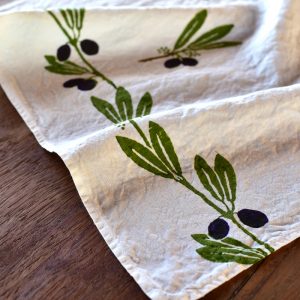 Olive linen tea towel - close up of the organic linen tea towel fabric