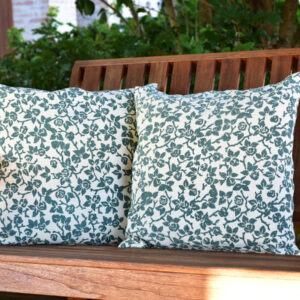 vintage cushion cover - vintage hemp linen - two cushions sitting on wooden bench