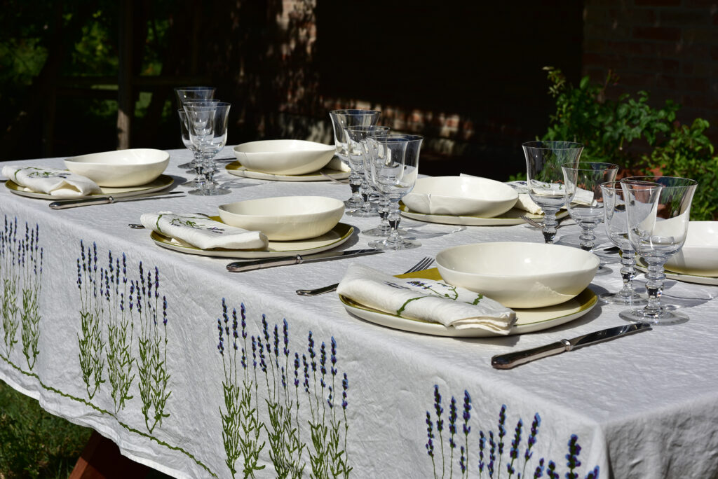 lavender linen tablecloth set for dinner party