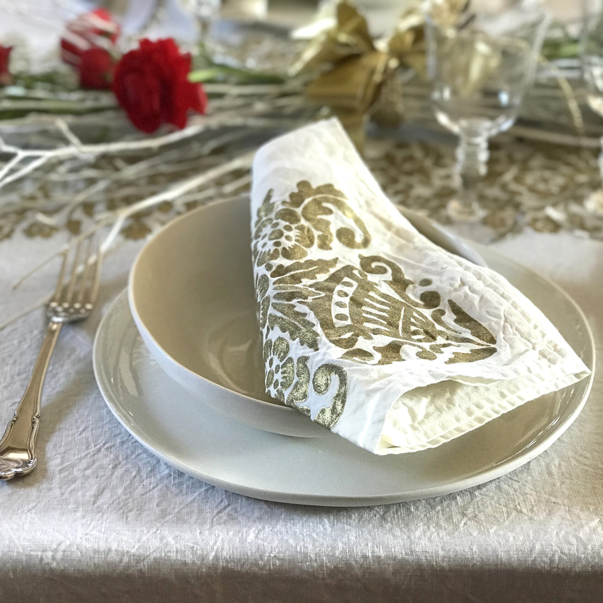 White Block Print Cotton Dinner Table Cloth Napkins Premium Quality - Set  of 6