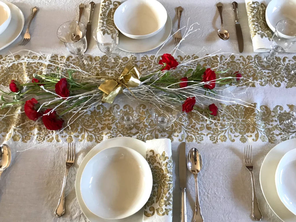 Granducale tablecloth and napkins tablescape with cutlery, glassware and ceramic plates and bowls