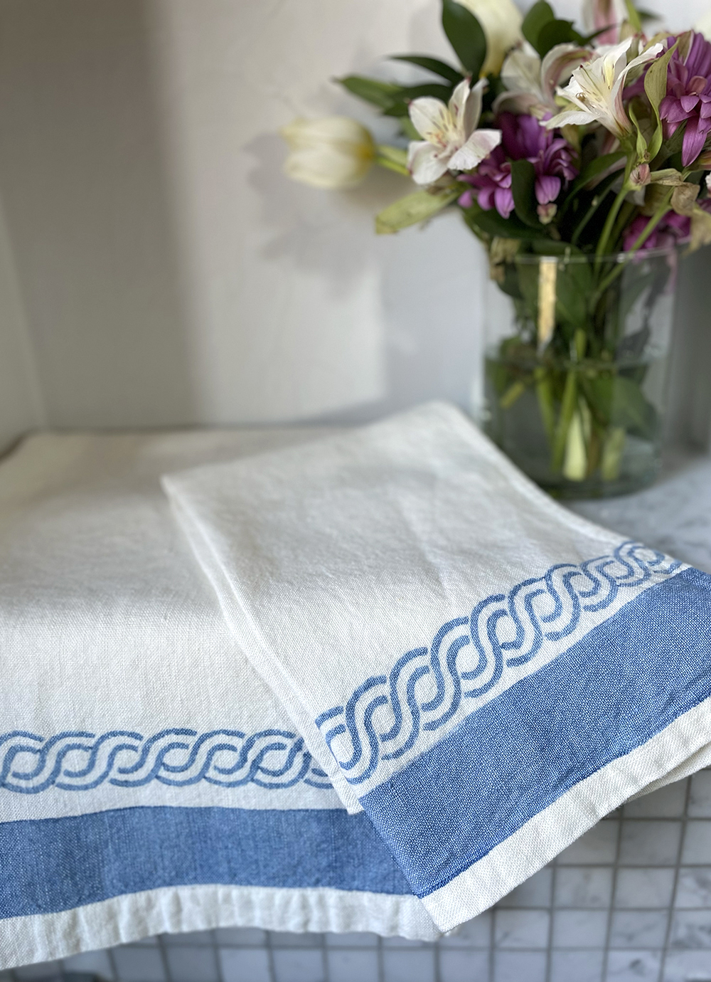 Linen Kitchen Towels Set of 2. Cream White/greyish Blue. Hand 
