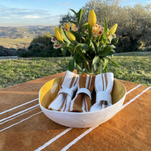 hand painted mustard bowls with napkins and yellow flowers
