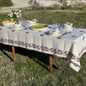 Alfresco tablescape with a linen tablecloth in cherry design