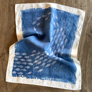 hand-painted linen tea towel blueprint with fish design