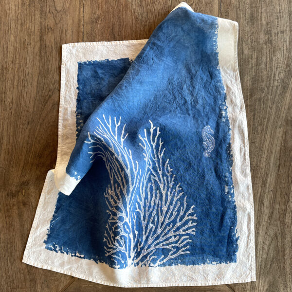 hand-pained linen tea towel nautical design with seahorse and coral motifs