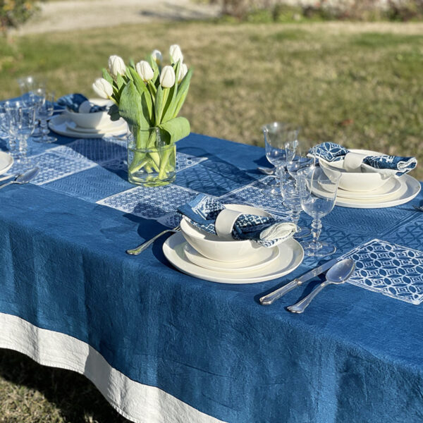 Hand Painted Linen Tablecloth Taormina Blue
