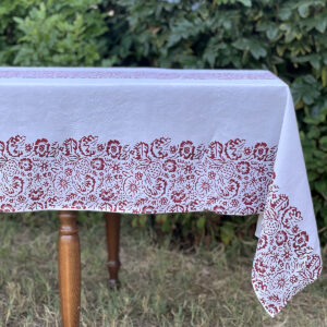 Block-printed linen tablecloth with red flowers by Bertozzi