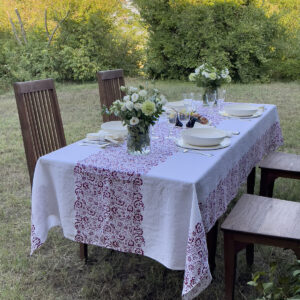 Hand-printed linen tablecloth with floral motif handmade in Italy by Bertozzi