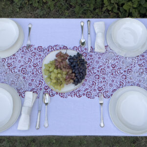 Red linen tablecloth hand-printed in Italy by Bertozzi