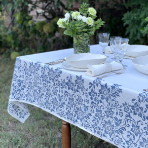 Designer linen tablecloth hand-printed in Italy with traditional floral designs