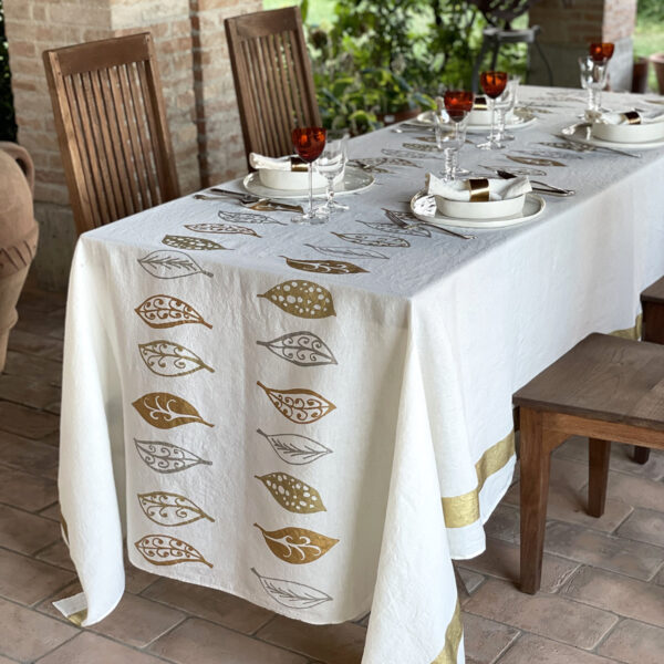 Hand-crafted Linen Tablecloth in Gold Autumn Leaves Design