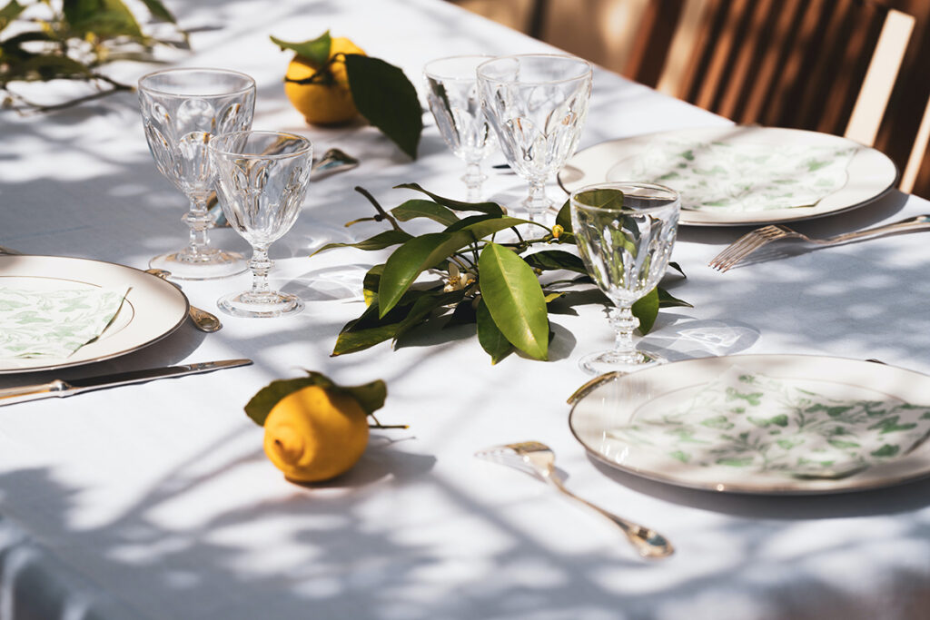 Easter table setting with beautiful porcelain dinnerware and crystals