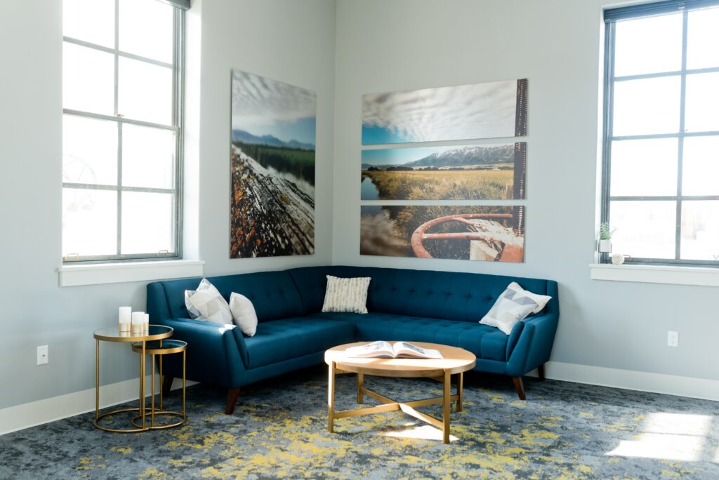 mimimal modern living room with a blue sofa in the corner