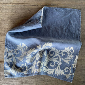 organic linen blue napkin hand-printed with silver foliage motif