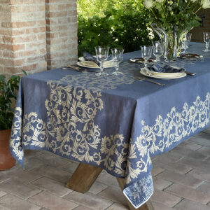 Italian blue linen tablecloth with gold foliage printed on top