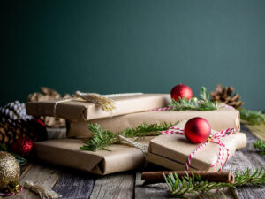 artisan made Christmas gift wrapped in craft paper